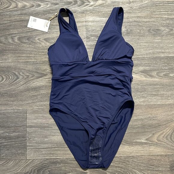 Quince Medium Italian Plunge One-Piece Swimsuit Navy Blue Swim Bathing Suit - Picture 2 of 10